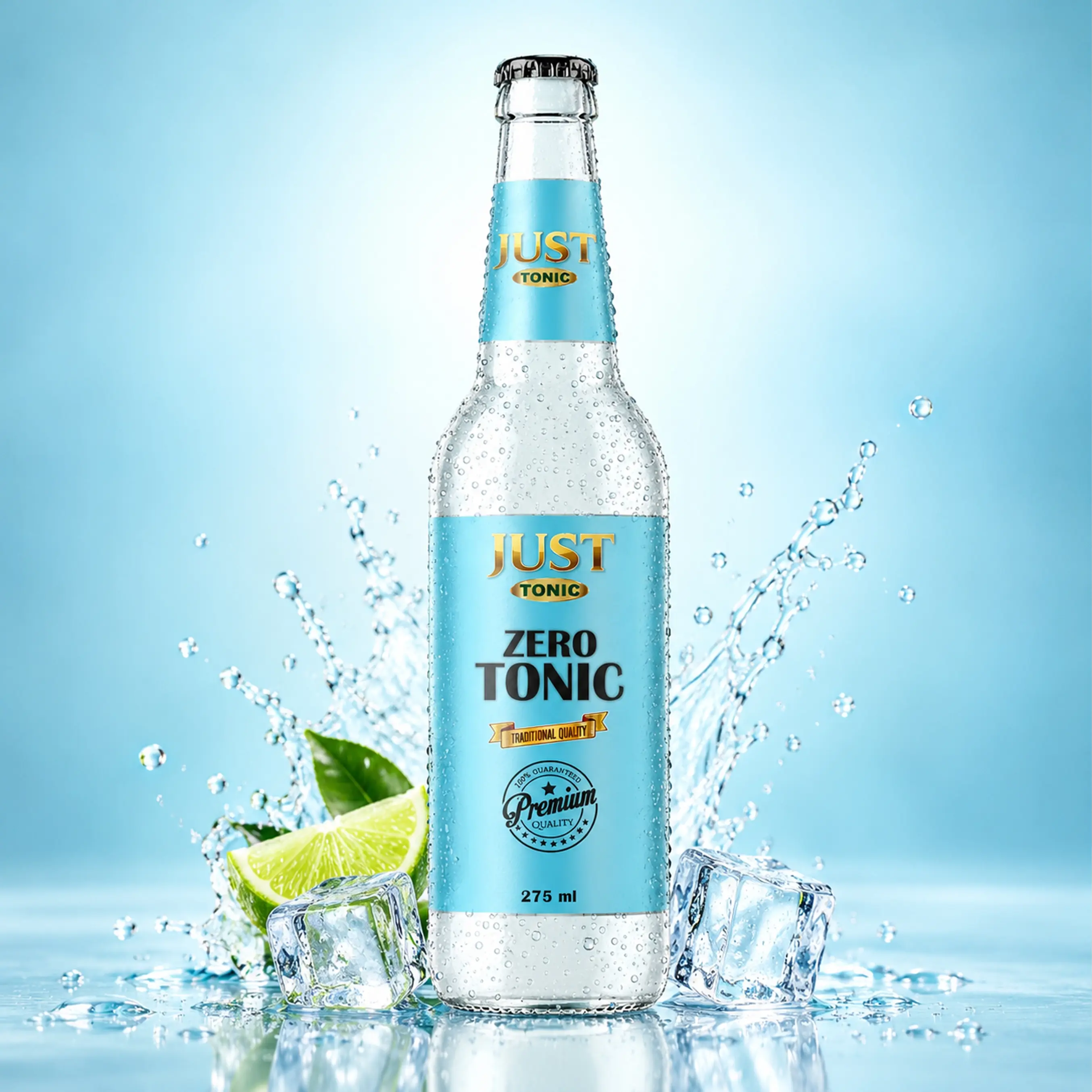 JUST Tonic Zero Tonic 275ml glass bottle with fresh lime, green leaves, ice cubes, condensation, and cool water splashes.